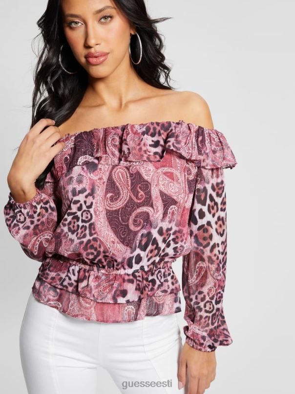 Eco off-the-shoulder lucy top lilla kašmiiri trükk GUESS kehakate naised BB4BB1046